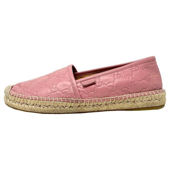 Gucci Supreme Monogram Pink Canvas Espadrille Flats with Leather Trim - Picture 1 of 9